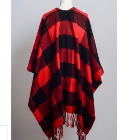 Red & Black Buffalo Check Knit Plaid Poncho Wrap Winter Women's One Size - Picture 4 of 4